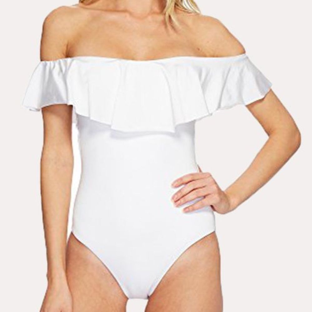 NWT Trina Turk Women's One Piece Swimsuit Size 8 White Off The Shoulder